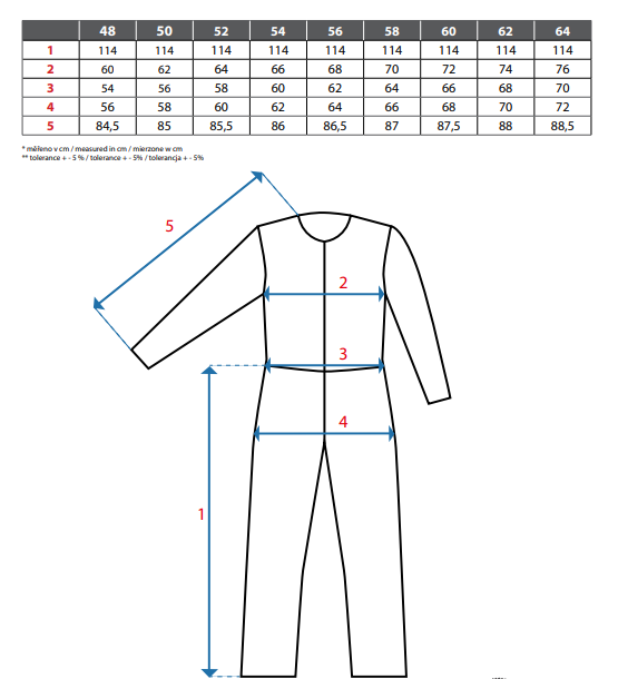 CXS overall mérettáblázat