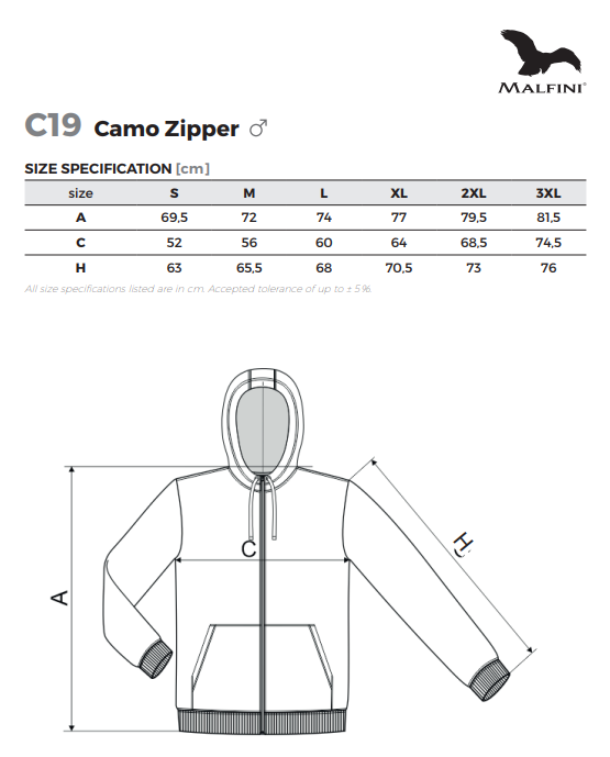 Malfini camo zipper c19 mérettáblázat