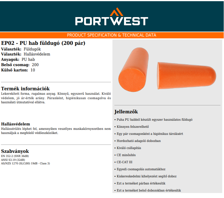 Portwest EP02 füldugó adatlap
