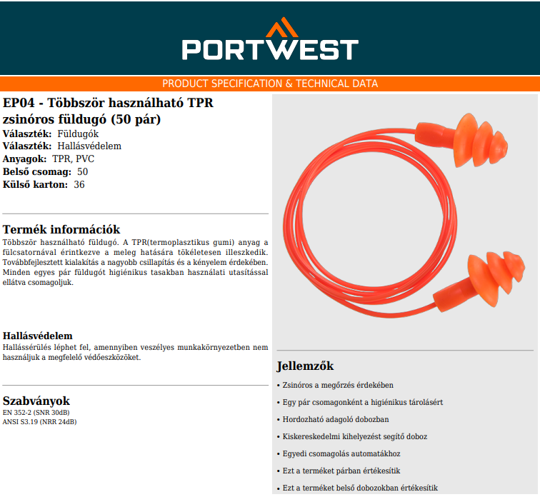 Portwest EP04 füldugó adatlap
