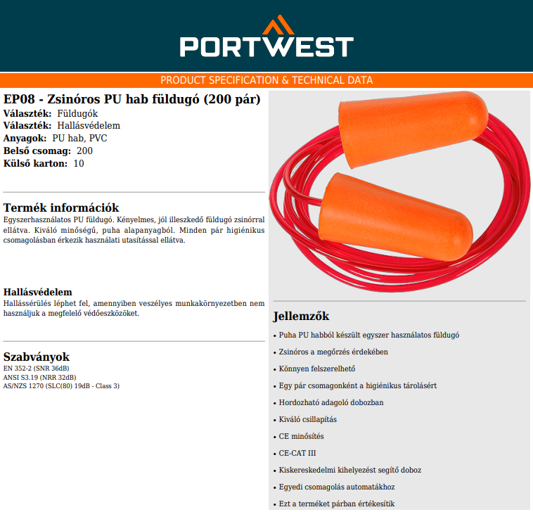 Portwest EP08 füldugó adatlap