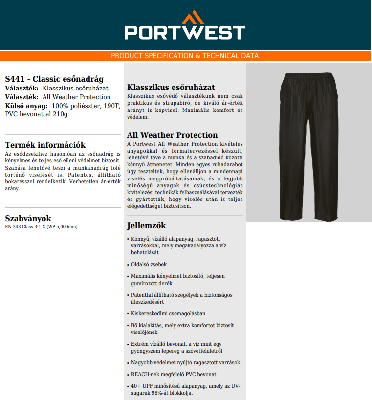 Portwest s441 adatlap