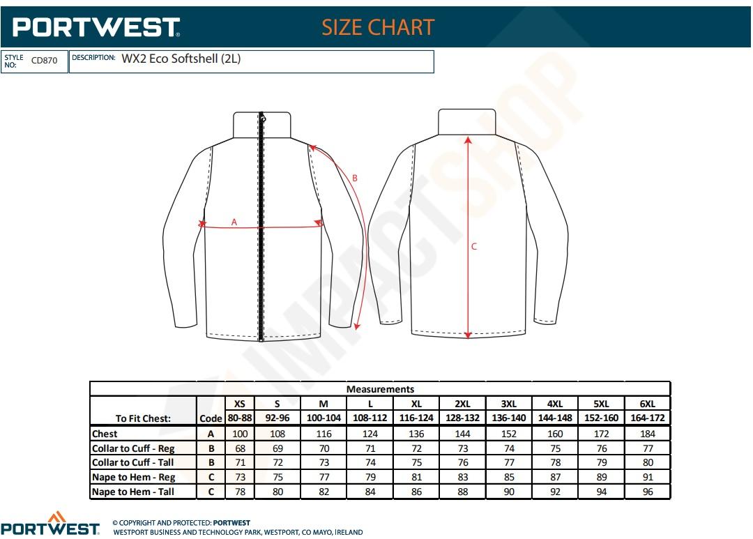 Portwest CD870 mérettáblázat