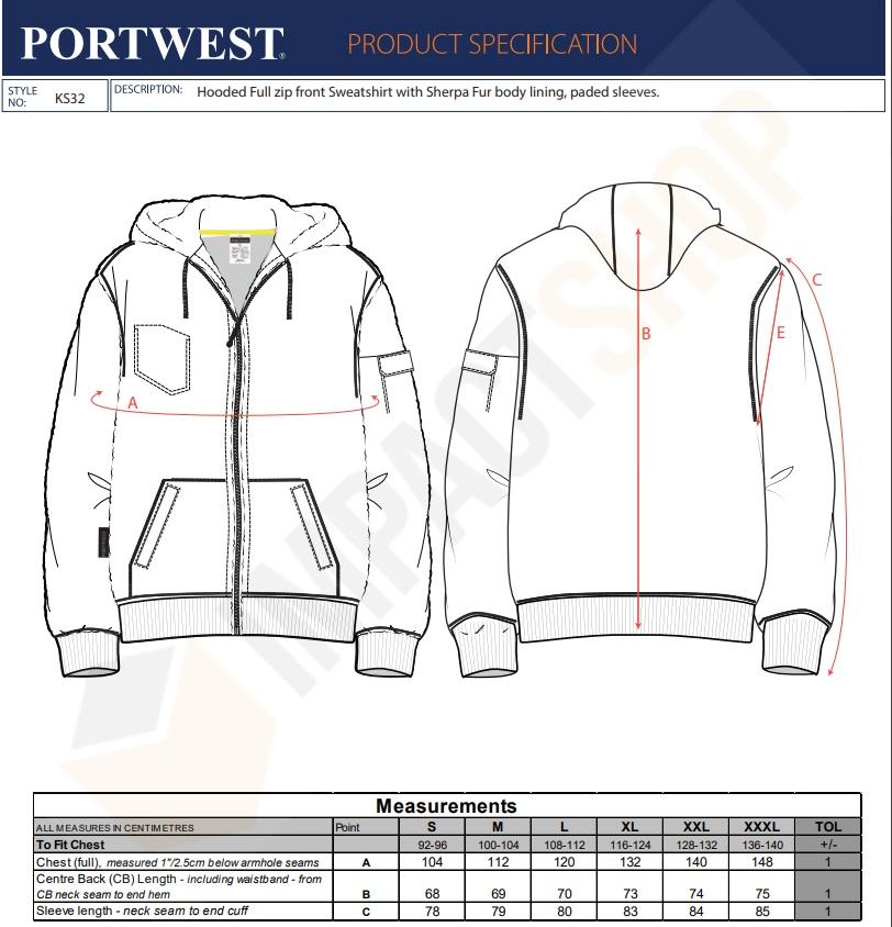 Portwest mérettáblázat