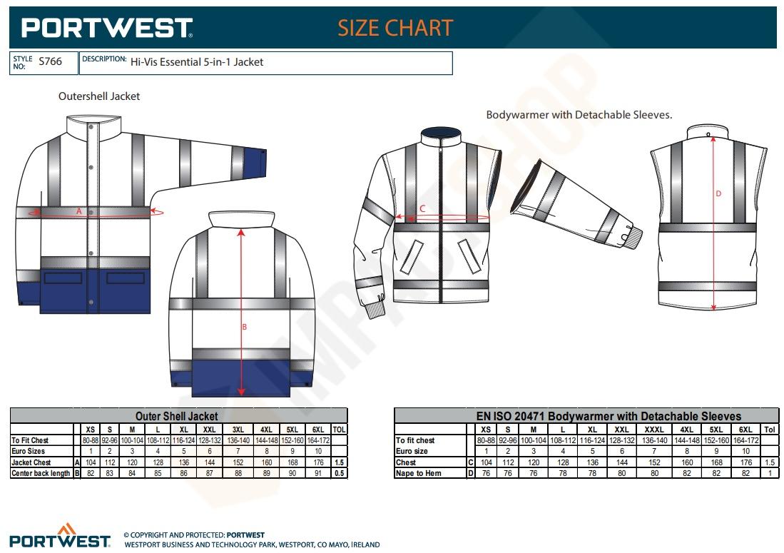 Portwest S766 mérettáblázat