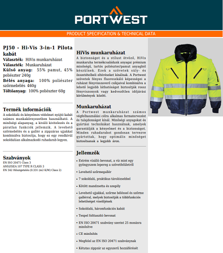 Portwest PJ50 pilóta kabát adatlap
