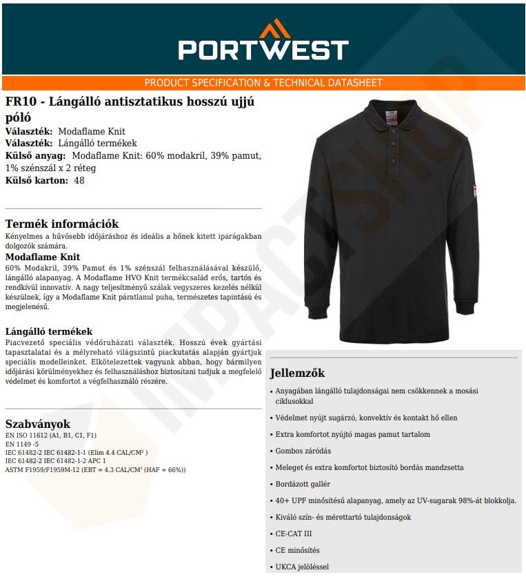 Portwest FR10 adatlap