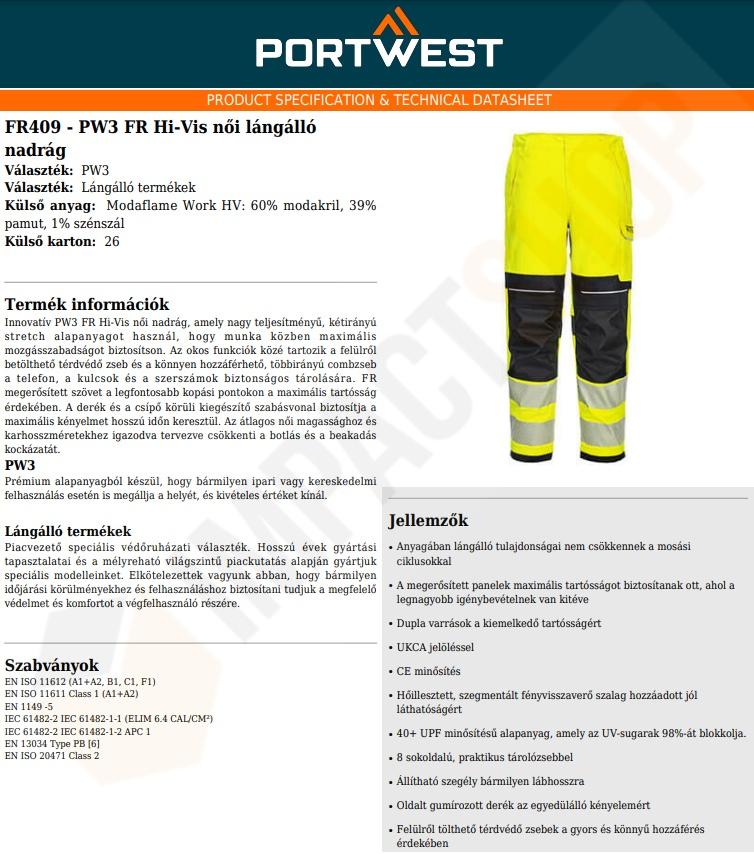 Portwest FR409 adatlap