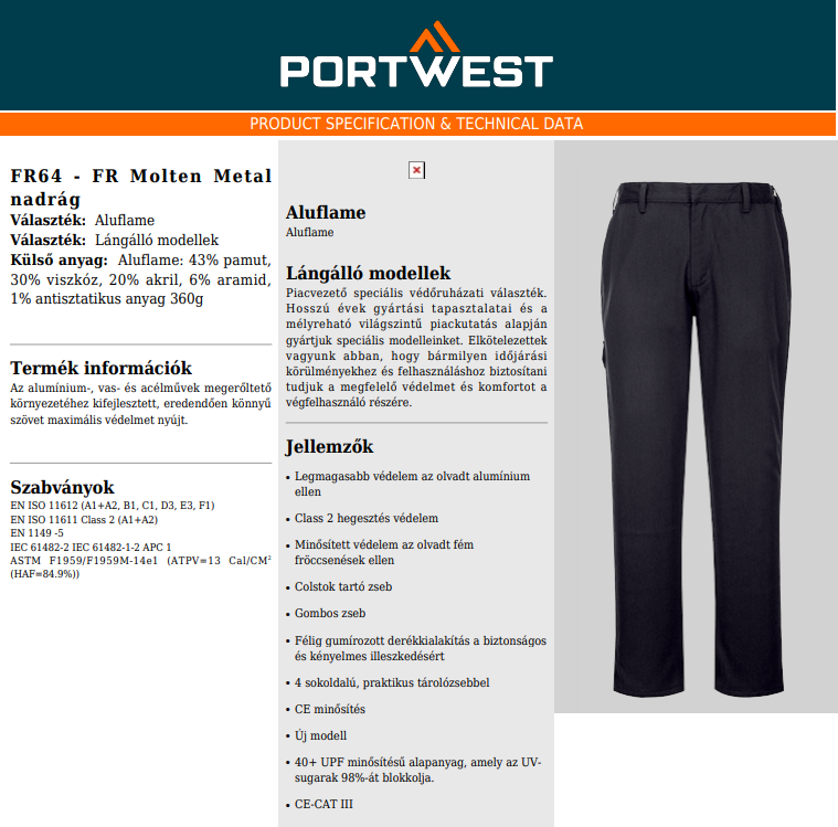 Portwest FR64 Adatlap
