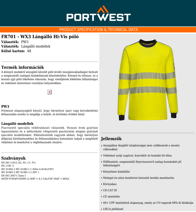 Portwest FR701 Adatlap