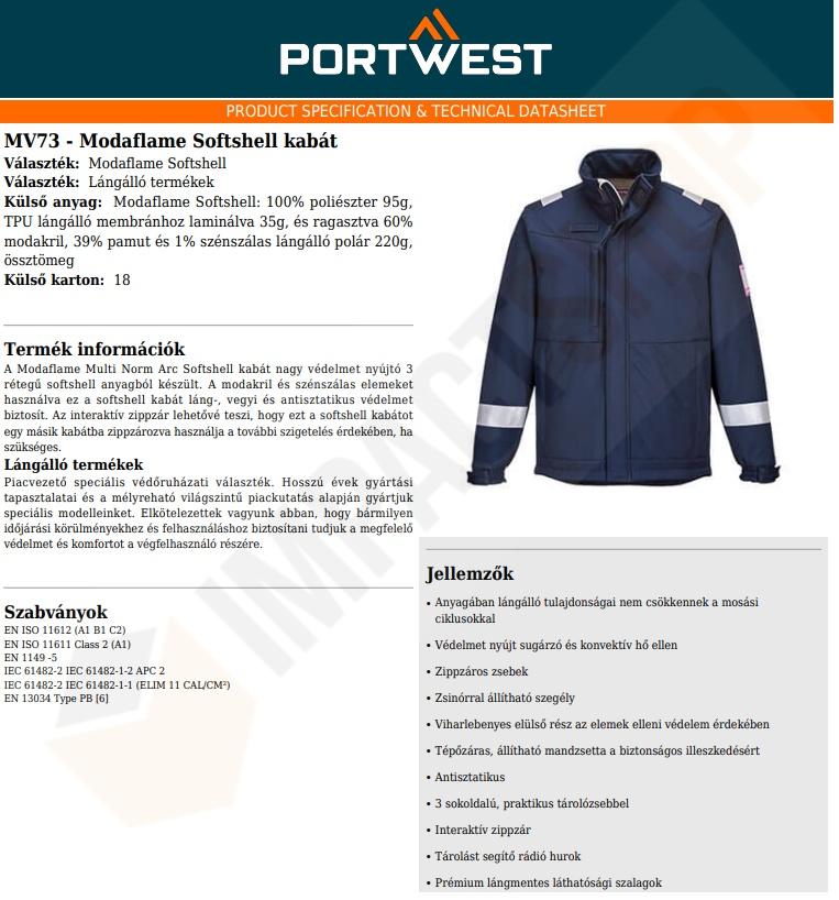 Portwest MV73 adatlap