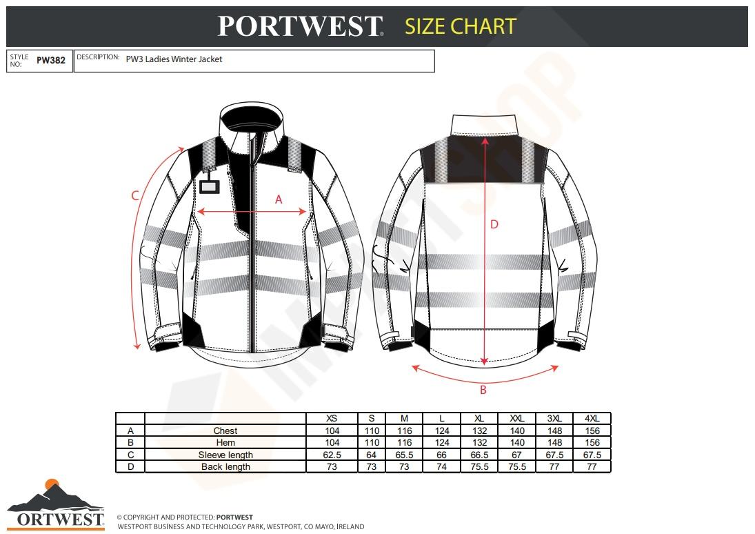 Portwest PW382 mérettáblázat