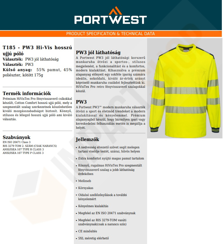 Portwest T185 adatlap