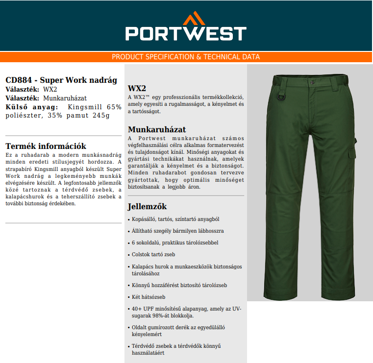 Portwest CD884 Adatlap