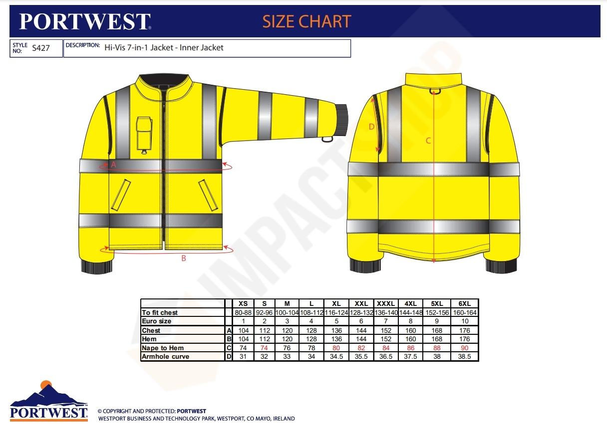 Portwest S427 mérettáblázat2