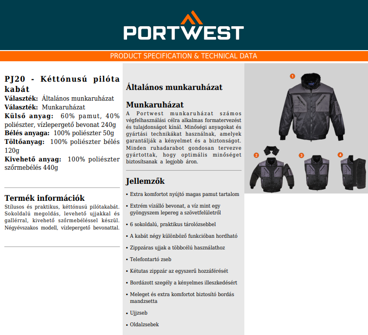 Portwest PJ20 Adatlap