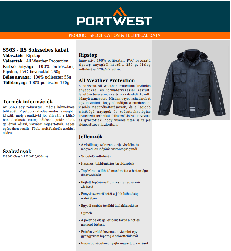 Portwest S563 adatlap