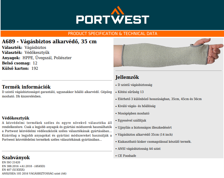 Portwest A689 alkarvédő adatlap