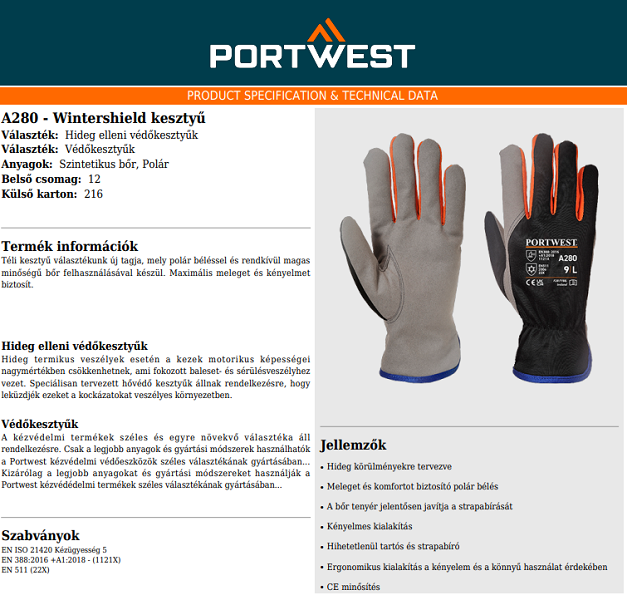 Portwest A280 kesztyű adatlap