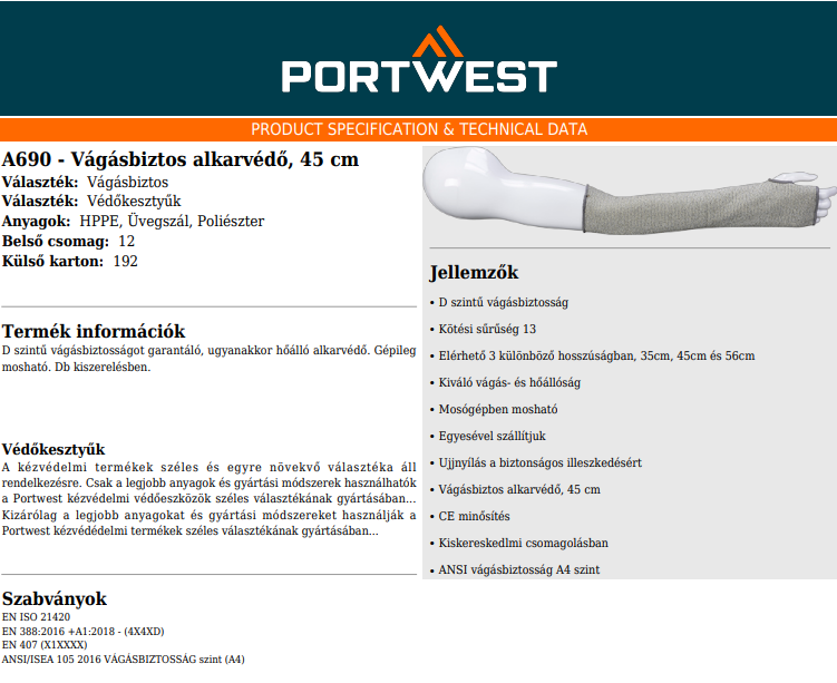 Portwest A690 alkarvédő adatlap