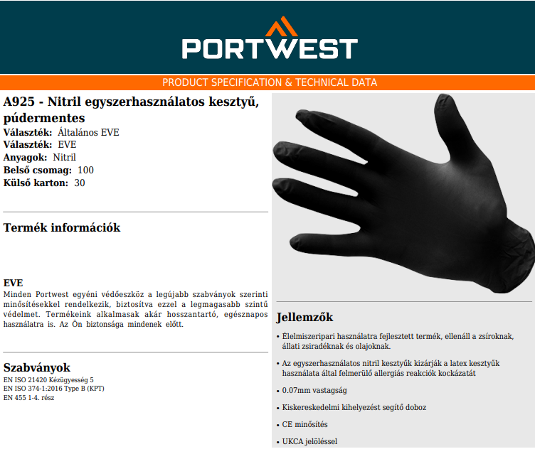 Portwest A925 adatlap