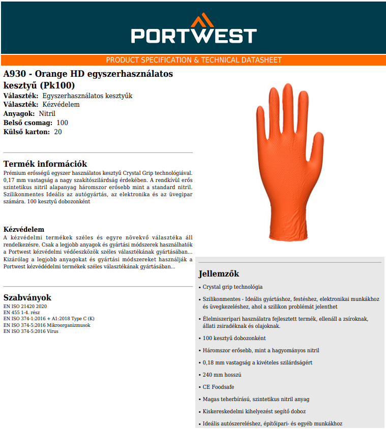 Portwest A930 adatlap