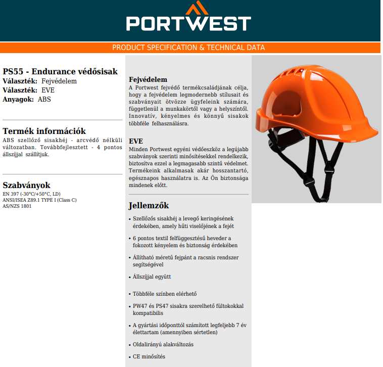 Portwest PS55 Endurance védősisak adatlap