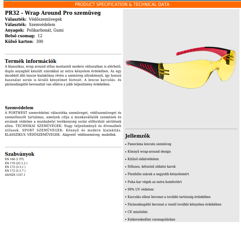 Technikai adatlap PR32 Védőszemüveg