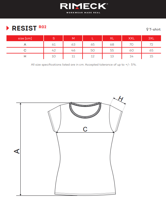Rimeck R01 Resist női pamut póló mérettáblázat