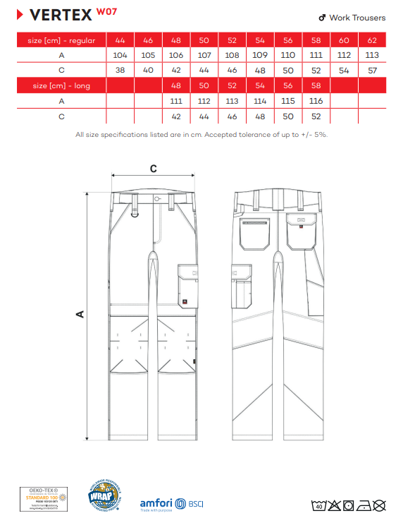 Vertex W07 munkanadrág mérettáblázat