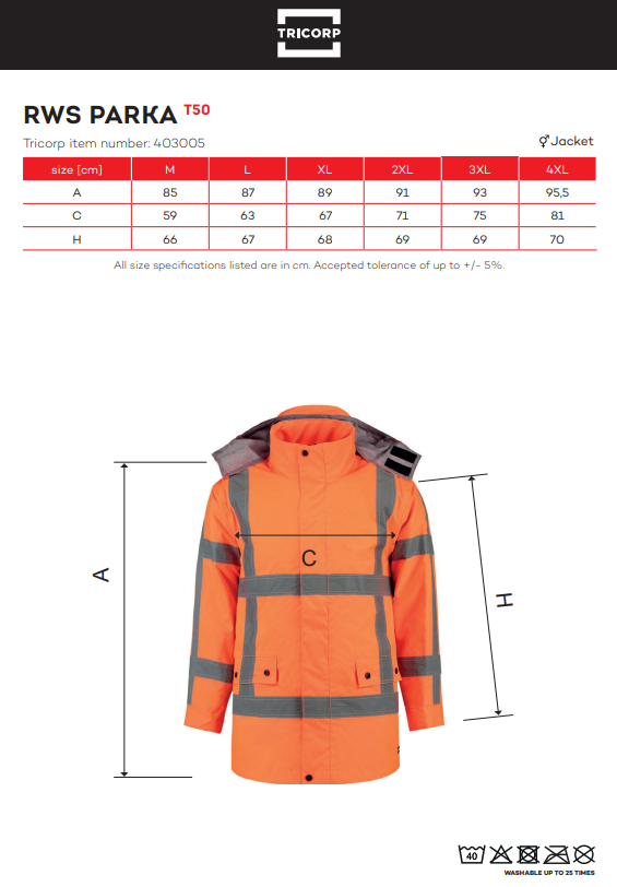 Tricorp T50 téli munkakabát mérettáblázat