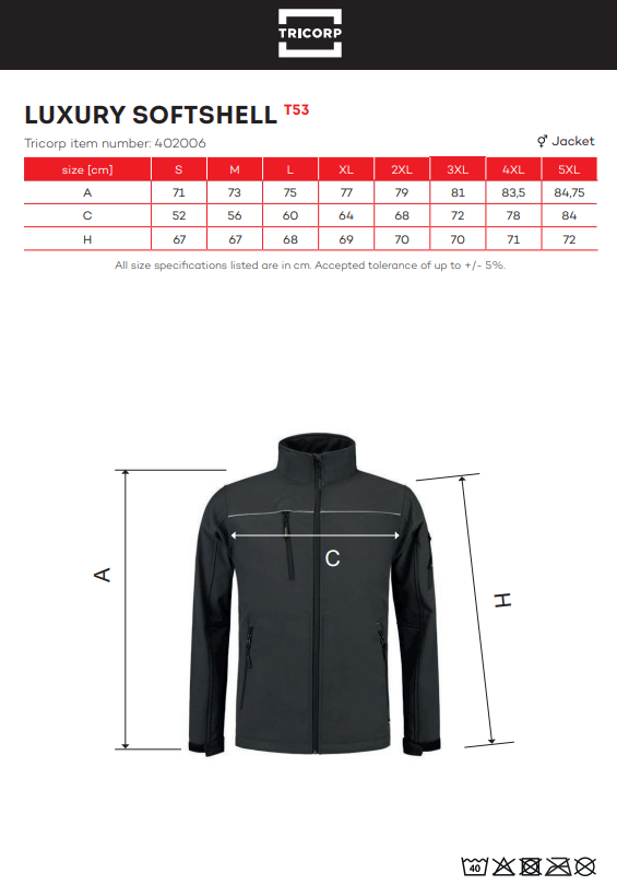 Tricorp T53 softshell mérettáblázat